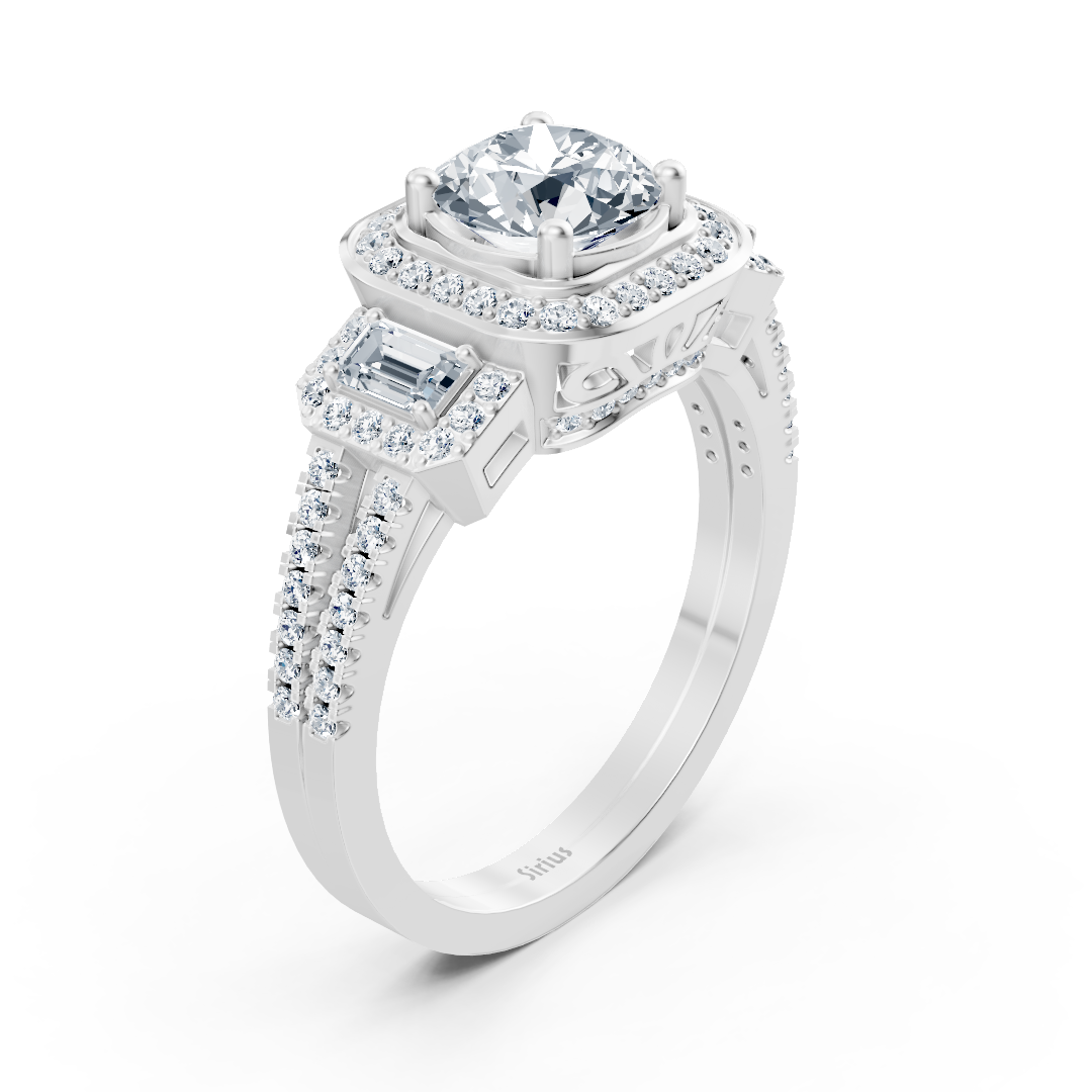 Bague trois pierres et halo de diamants en or blanc