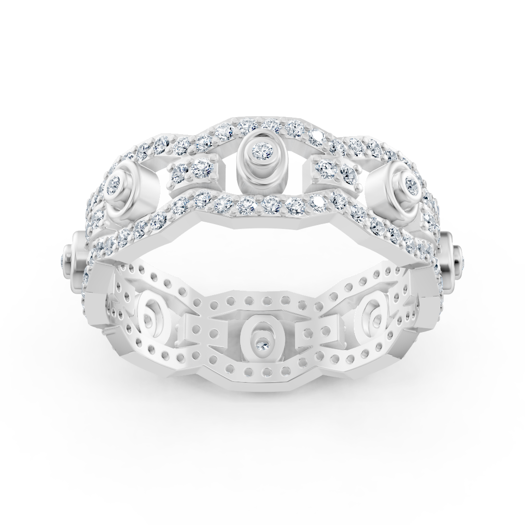 Bague en or blanc avec diamants et motif chaîne et cercle