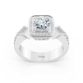 Bague de fiançailles halo en or blanc avec diamants latéraux