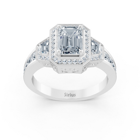Bague de fiançailles halo en or blanc avec diamants, émeraude et rubis