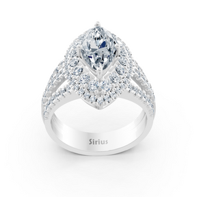 Bague halo en or blanc avec diamant marquise et rubis