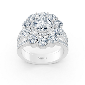 Bague halo en or blanc avec diamants, émeraudes et rubis