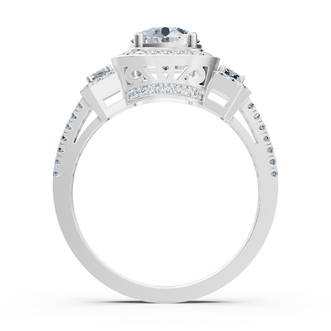 Bague trois pierres et halo de diamants en or blanc