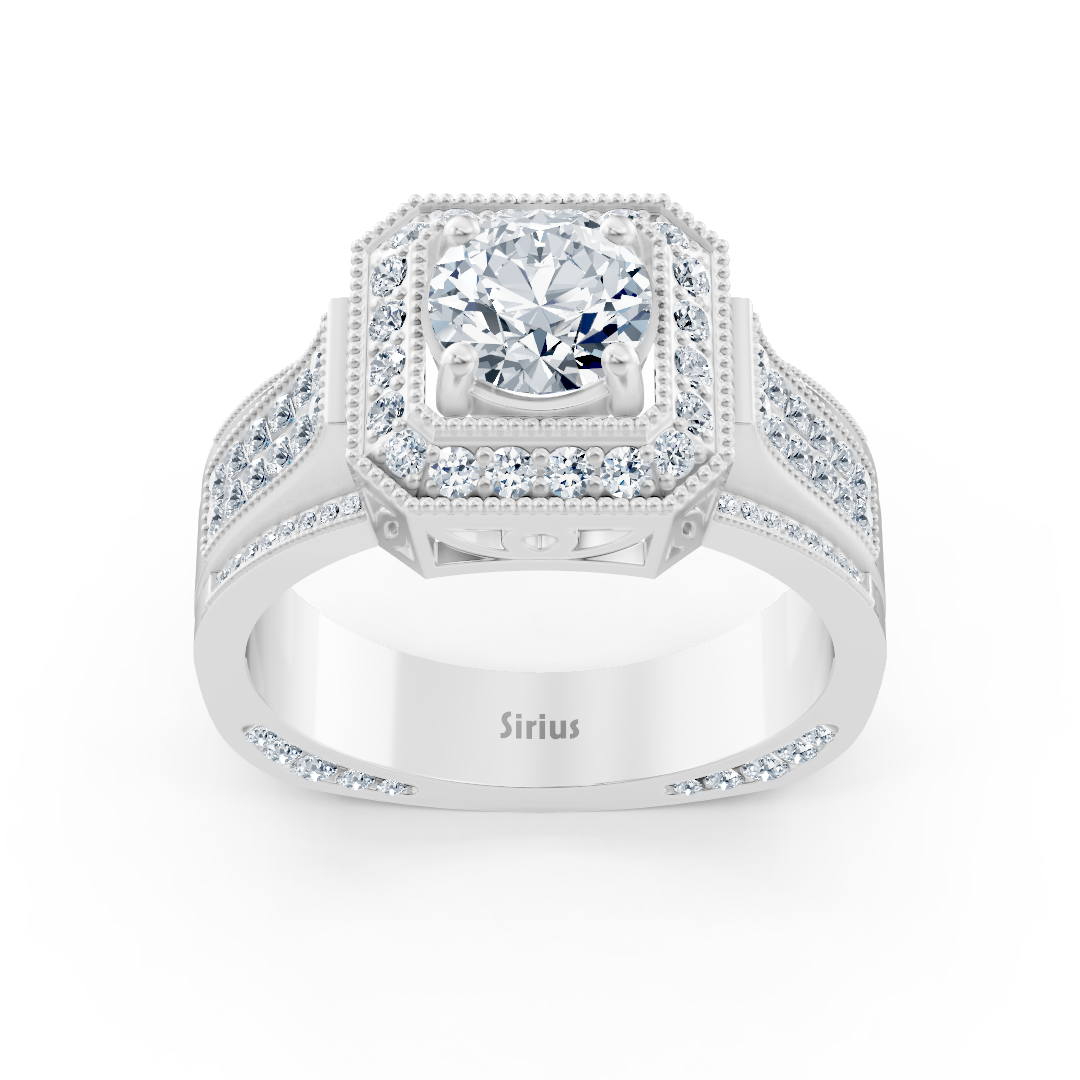 Bague Birgie Sirius en or blanc avec halo de diamants et anneau taille octogonale