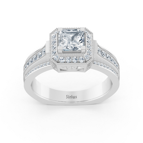 Birgie Sirius white gold diamond &amp; sapphire halo ring with princess &amp; round cut