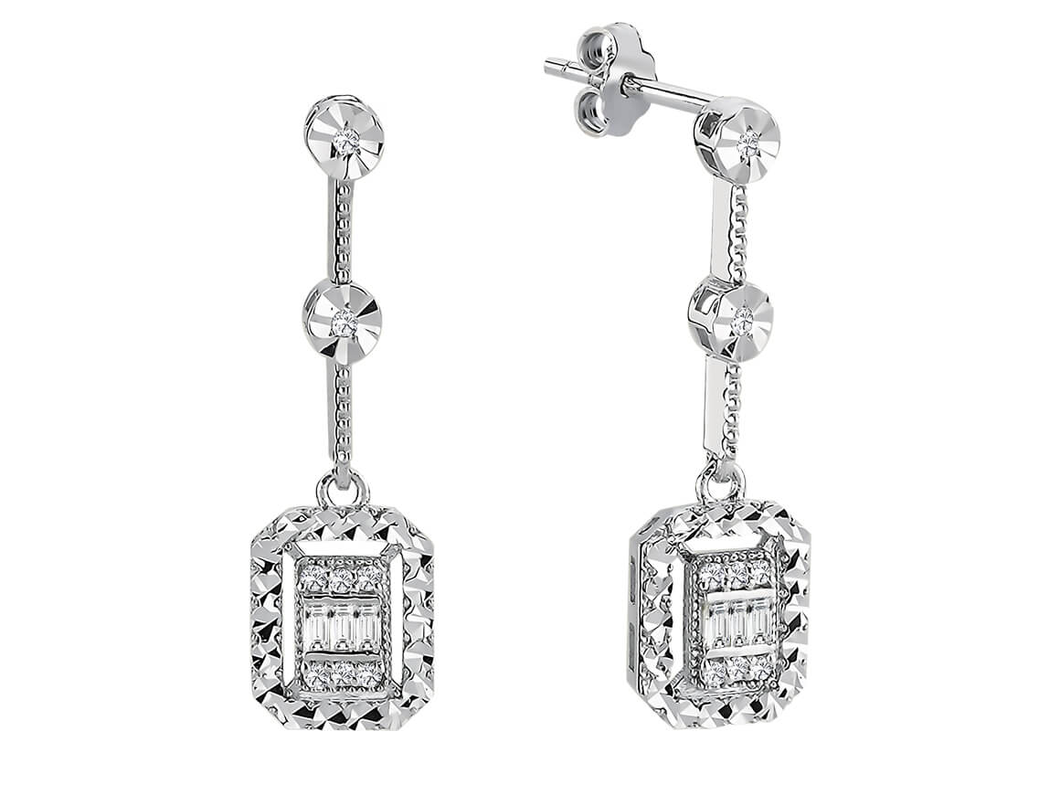 Elegante Diamant Ohrringe im Tropfen-Design mit Baguette- und runden Diamanten, 0.14 Karat, 8K Gold