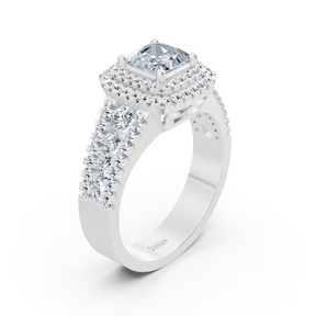 Bague de fiançailles en or blanc 14 carats avec diamants taille princesse et rubis à double halo