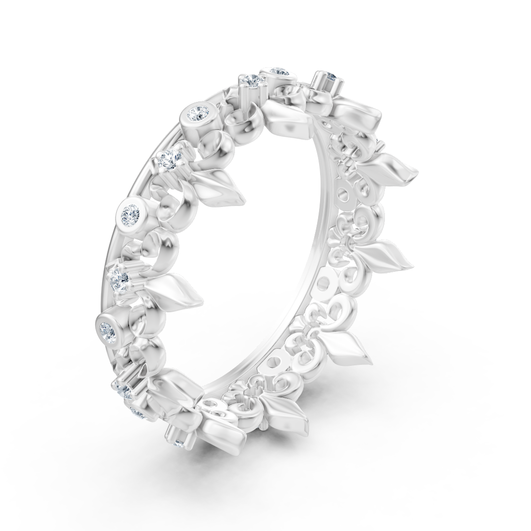 White gold ring with round diamonds in prong and bezel design
