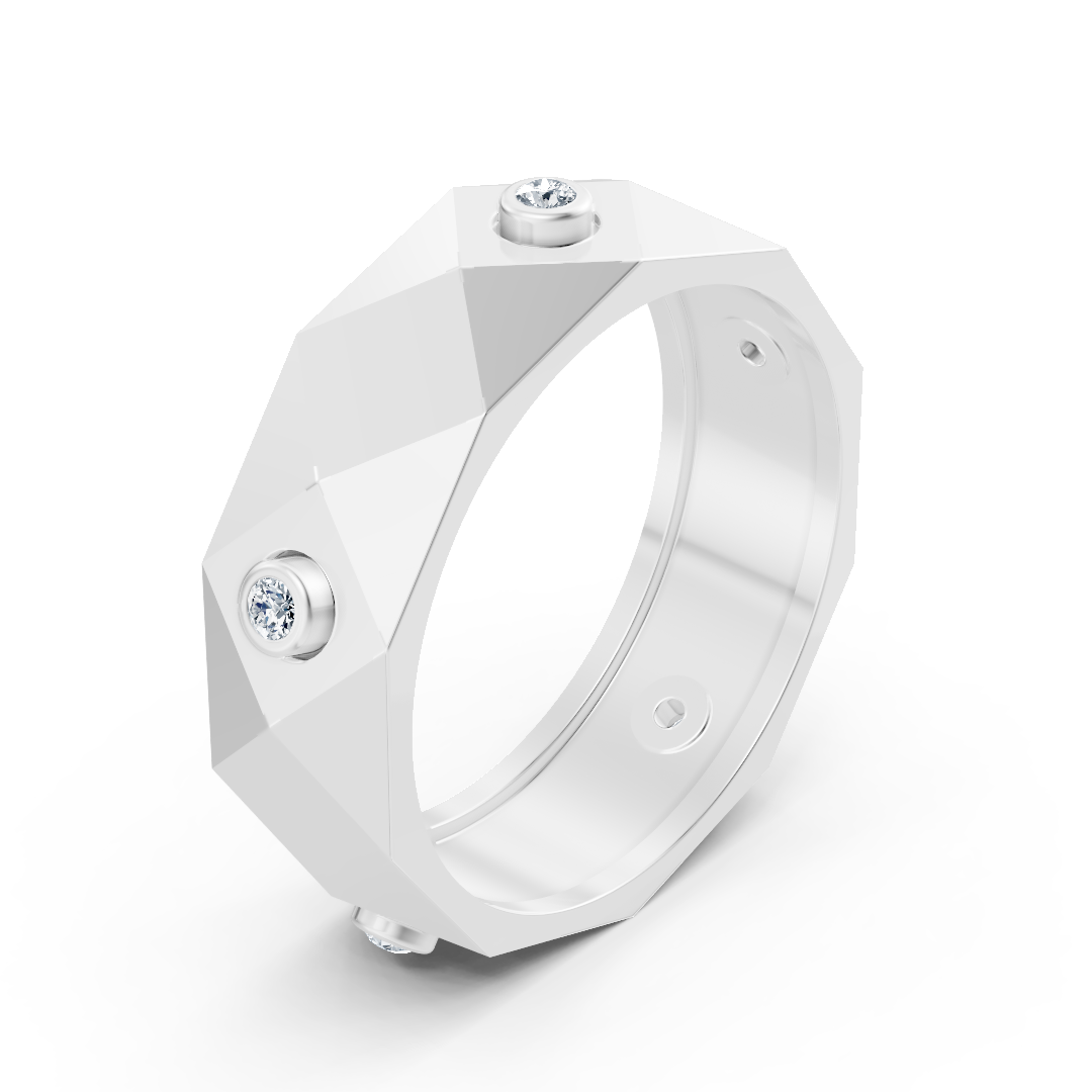 Modern white gold ring with round diamonds in bezel design