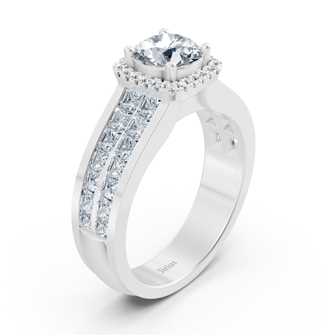 Bague de fiançailles extravagante en diamant taille princesse et brillant en or blanc 14 carats