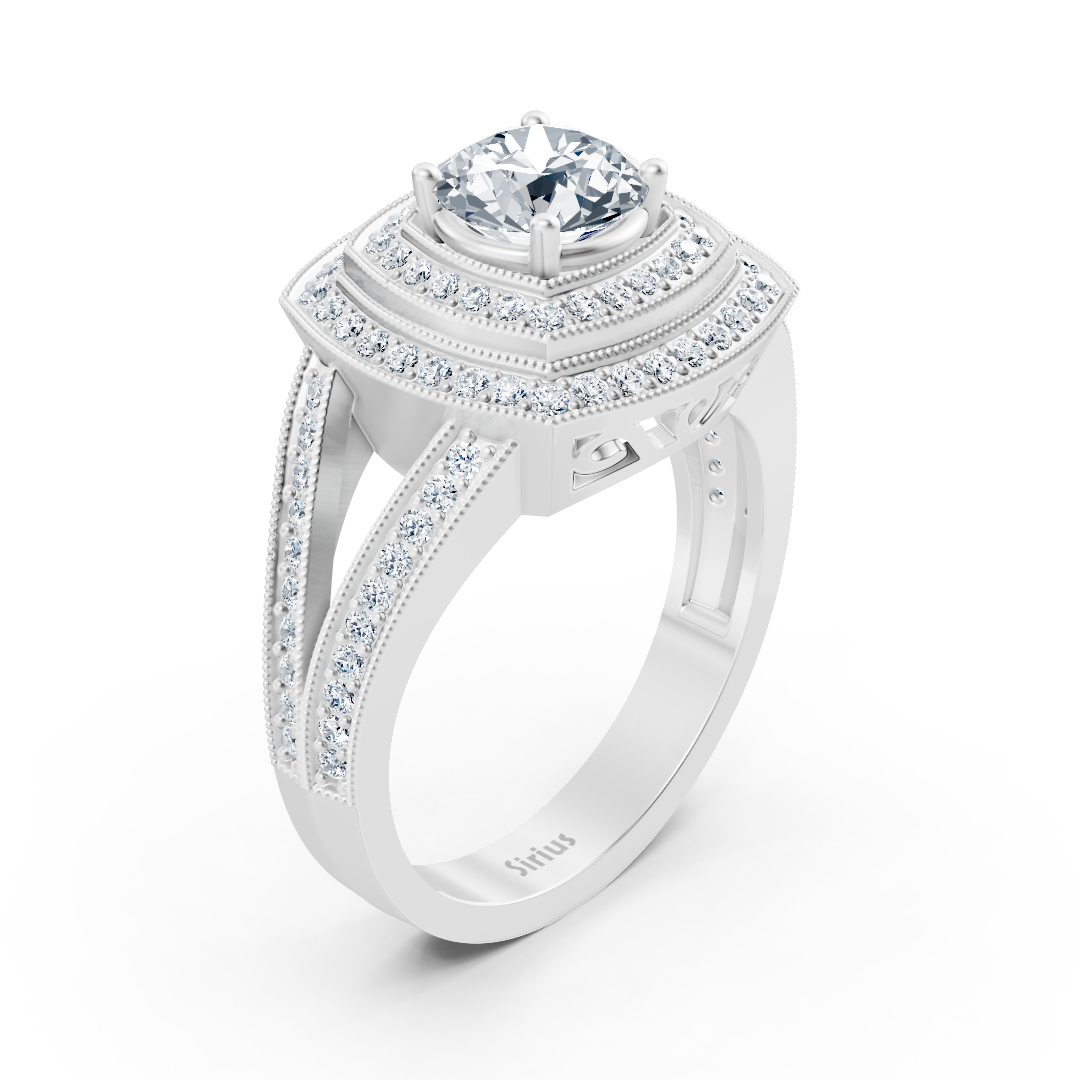 Bague en or blanc avec halo de diamants carrés