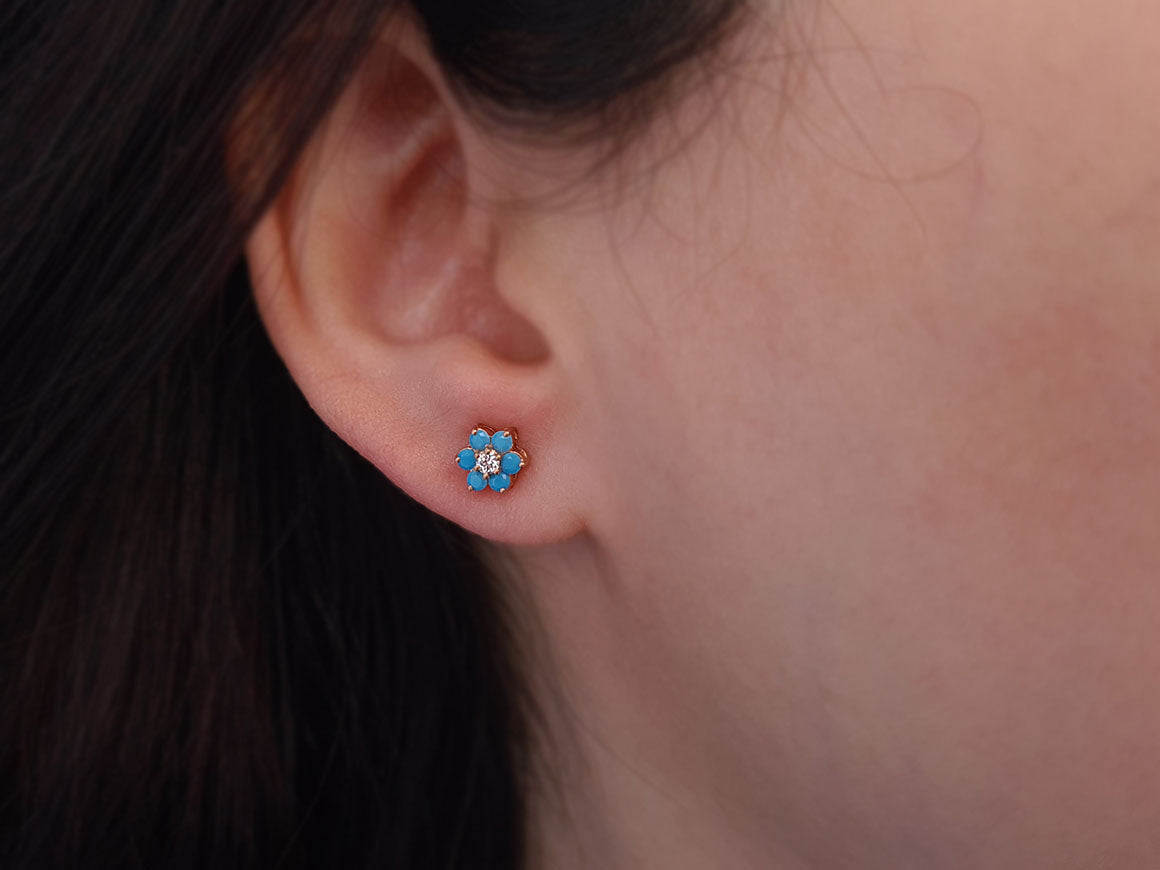 Boucles d'oreilles marguerite diamants et turquoise