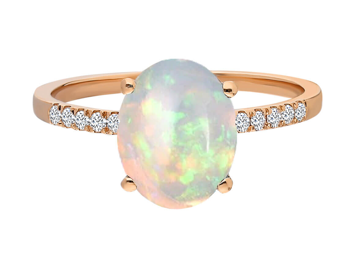 Diamond and Oval White Opal Ring