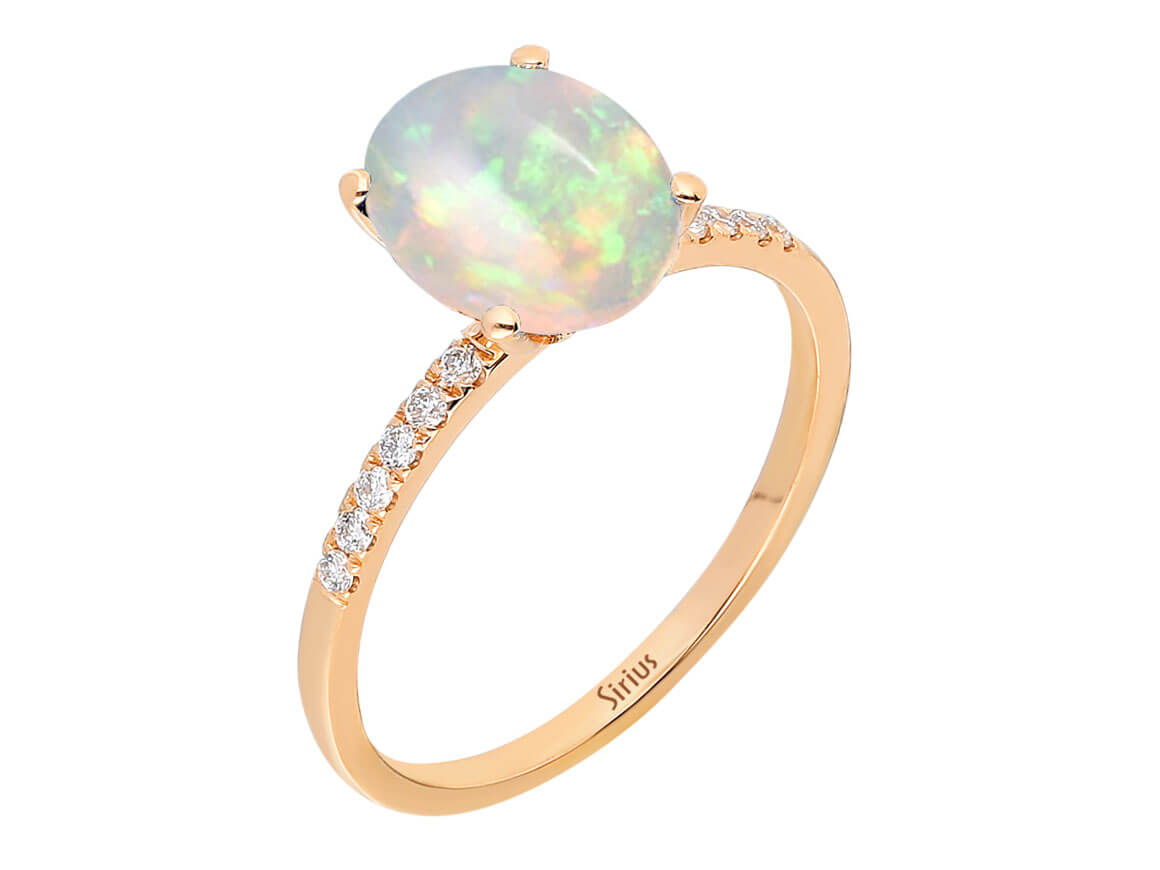 Diamond and Oval White Opal Ring