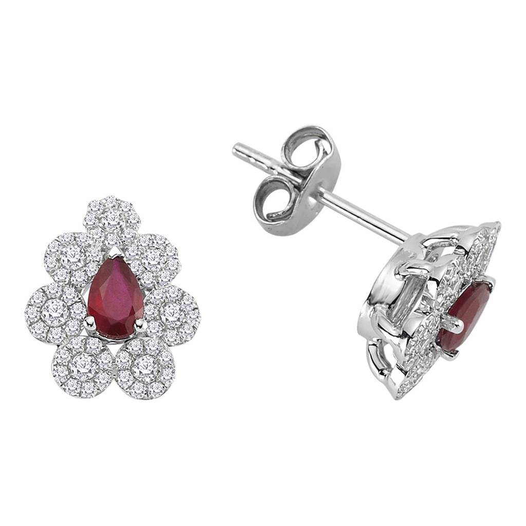Boucles d'oreilles clous motif floral rubis diamants et larme
