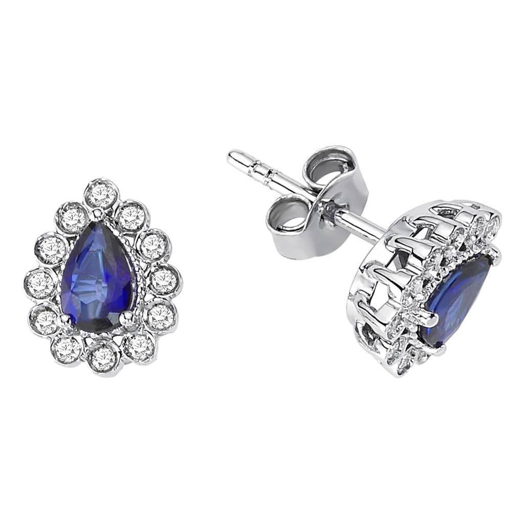 Boucles d'oreilles puces diamants et saphirs en forme de larme