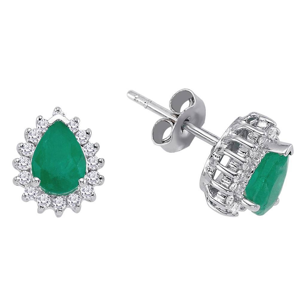 Boucles d'oreilles puces diamants et émeraudes en forme de larme