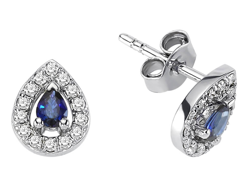 Boucles d'oreilles puces diamants et saphirs en forme de larme