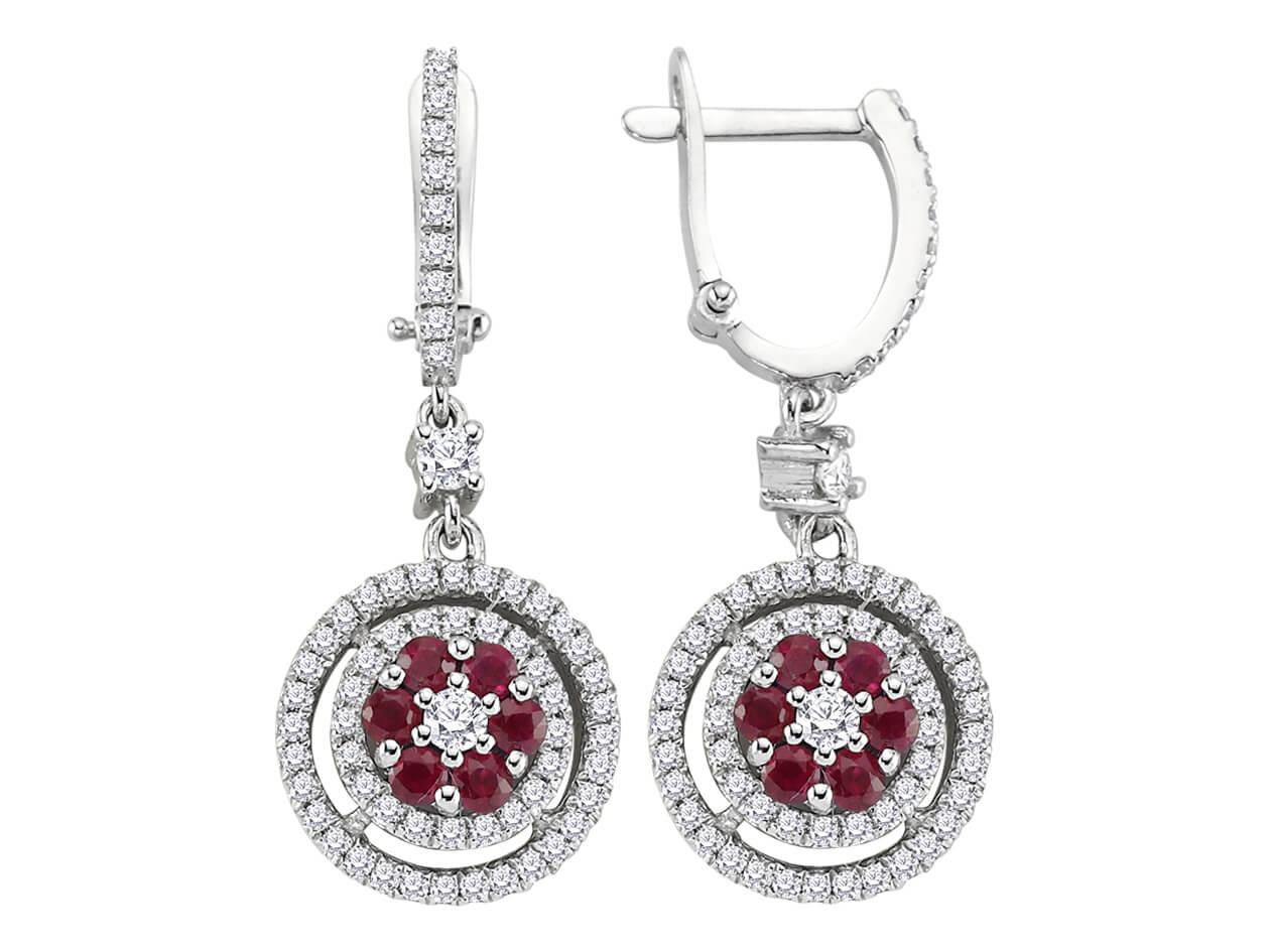 Double Row Diamond and Ruby Flower Earrings