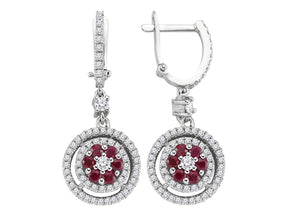 Double Row Diamond and Ruby Flower Earrings