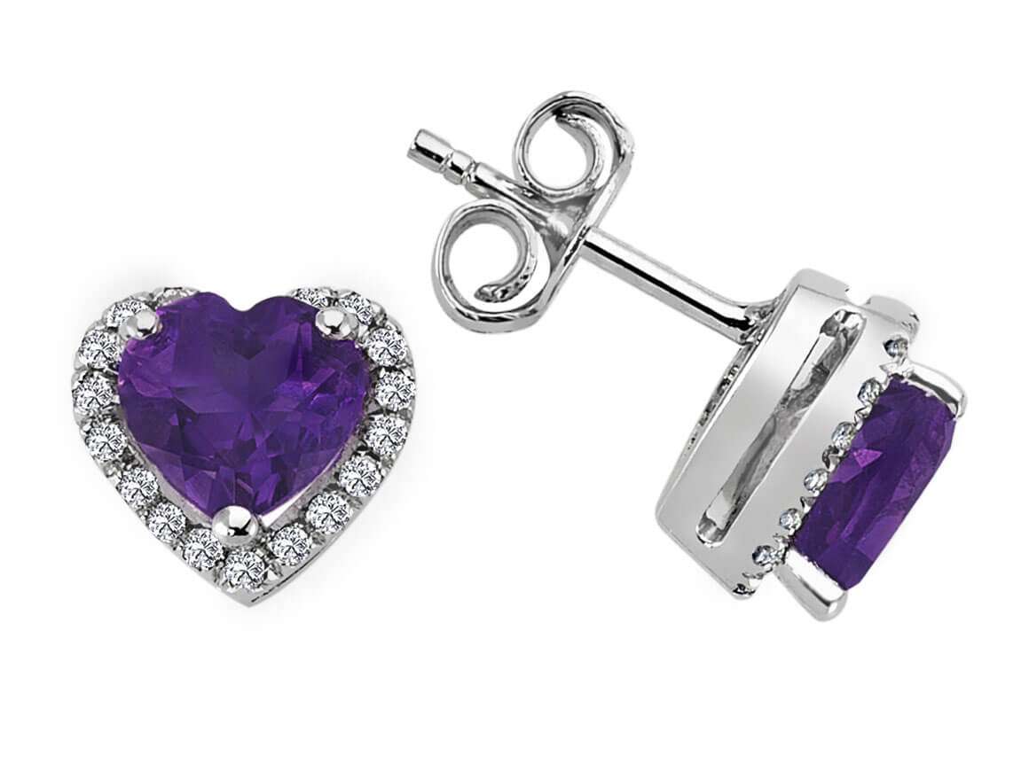 Boucles d'oreilles puces diamants et améthyste coeur