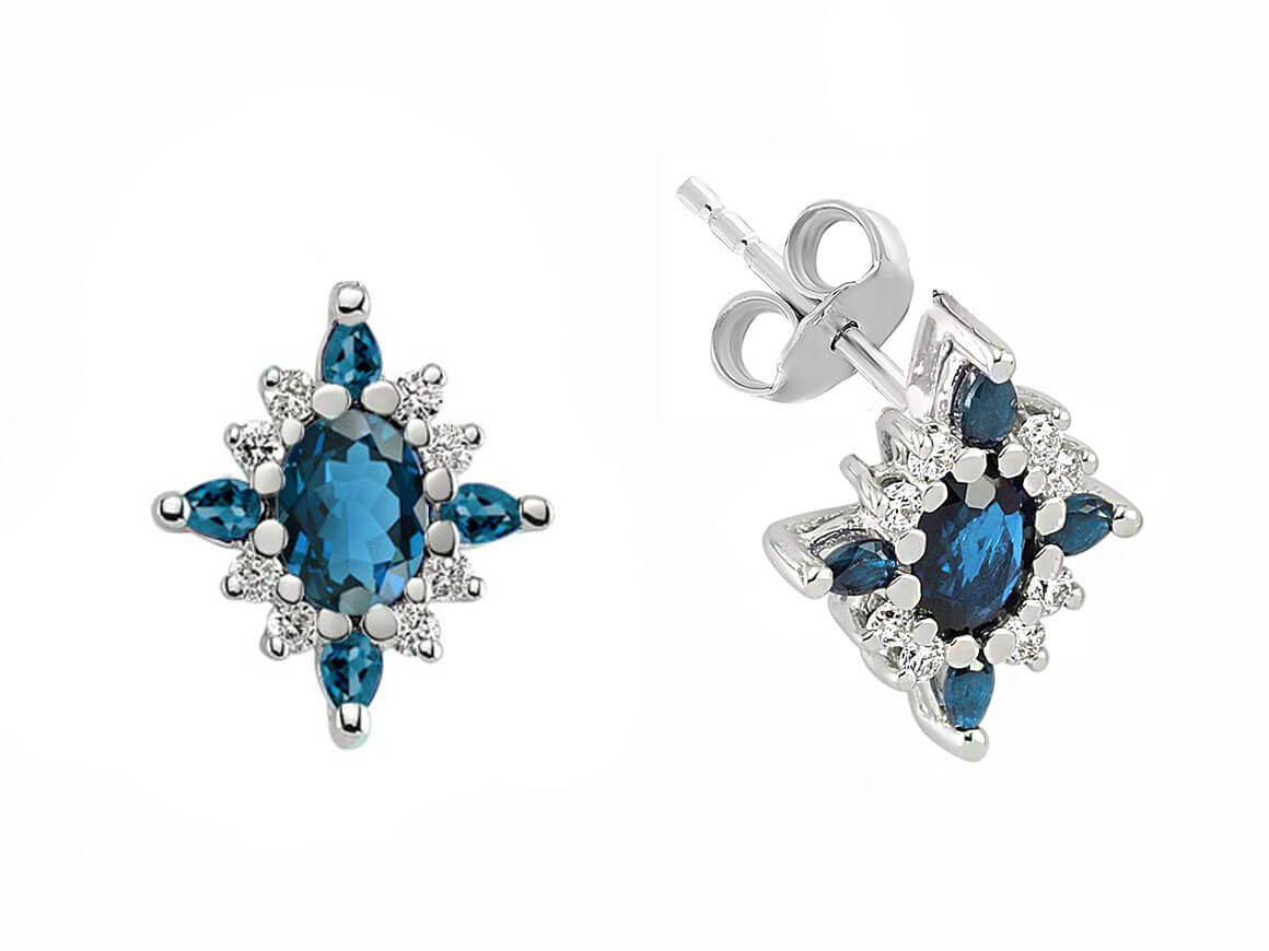 Boucles d'oreilles puces diamant et topaze bleue de Londres