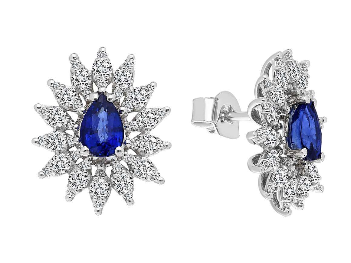 Boucles d'oreilles puces diamants et saphirs en forme de larme