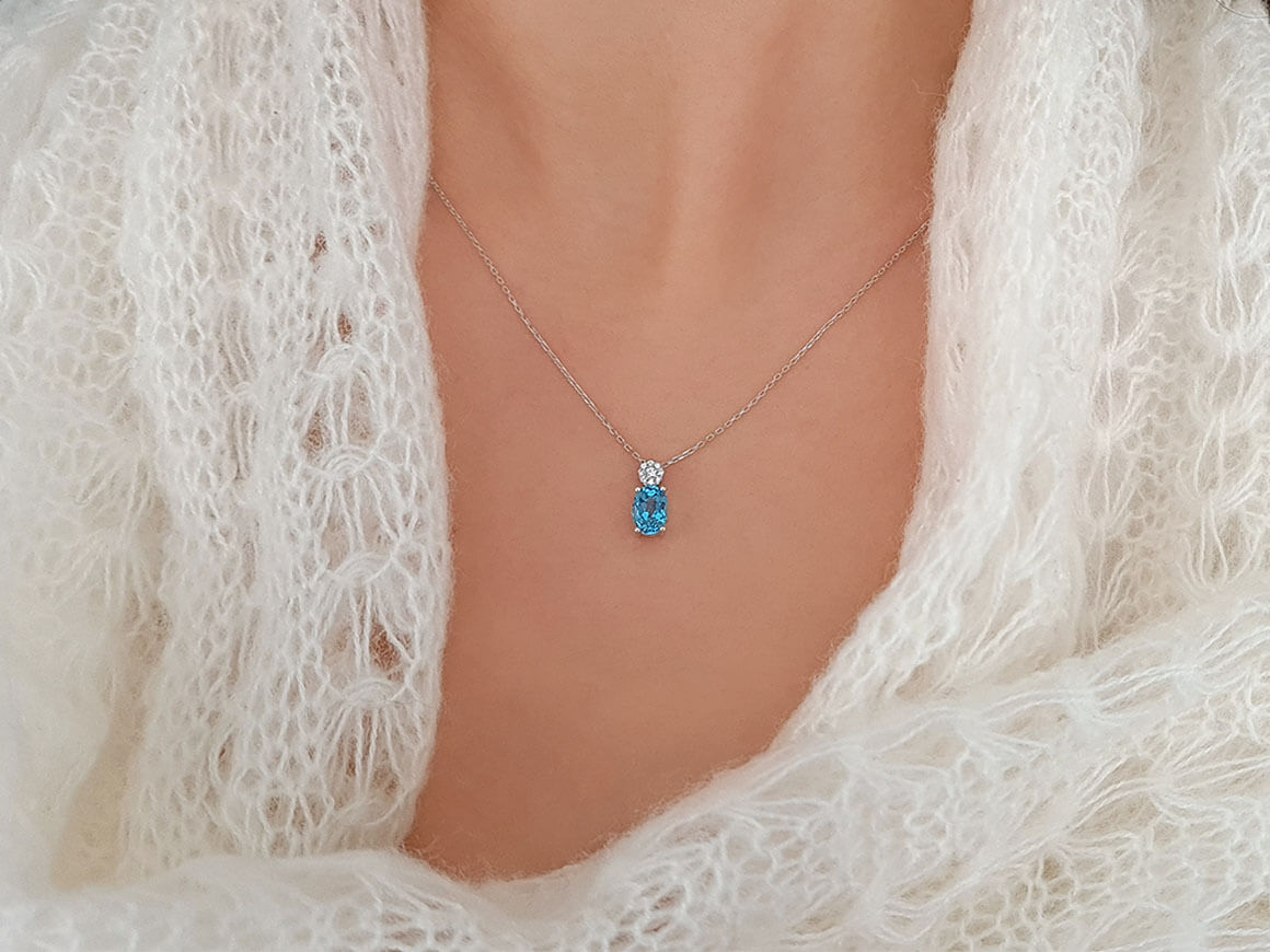 Diamond and Oval Blue Topaz Necklace
