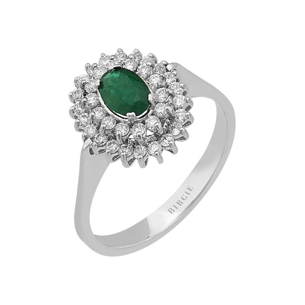 Bague double rangée de diamants et d'émeraude ovale