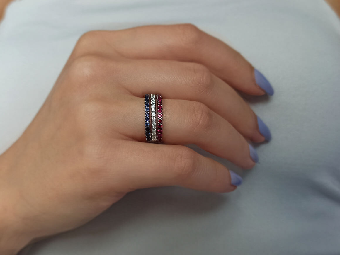 Diamond Ruby and Sapphire Half Circle Ring