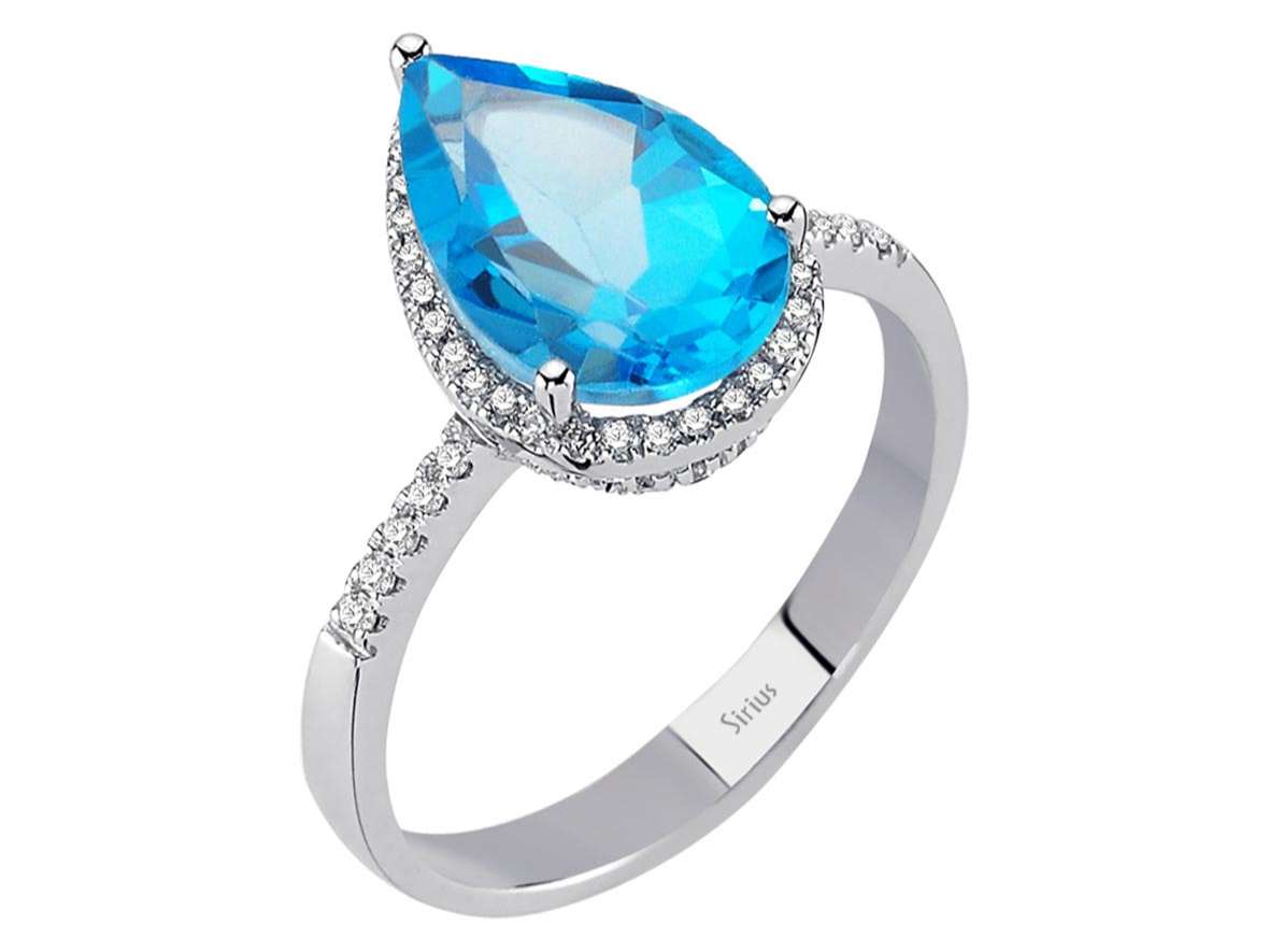 Diamond and Drop Blue Topaz Ring