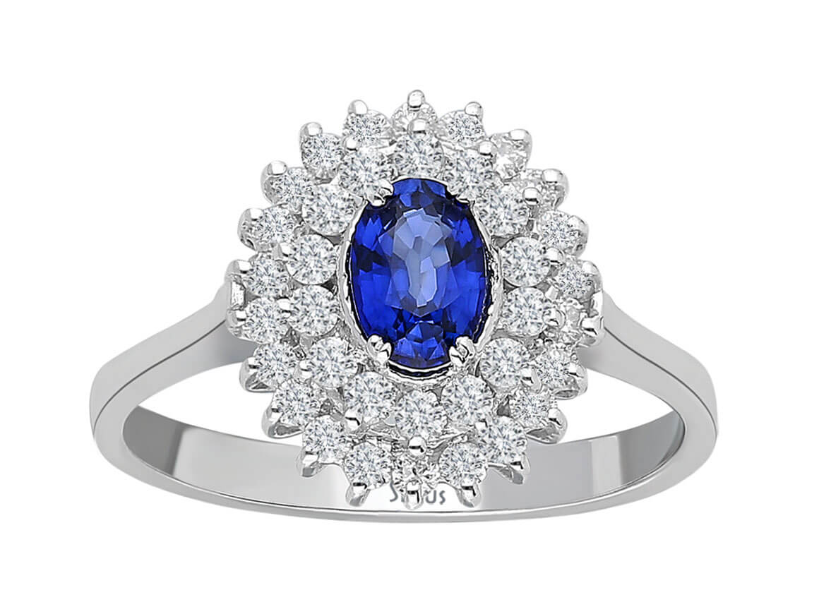 Double Row Diamond and Oval Sapphire Ring
