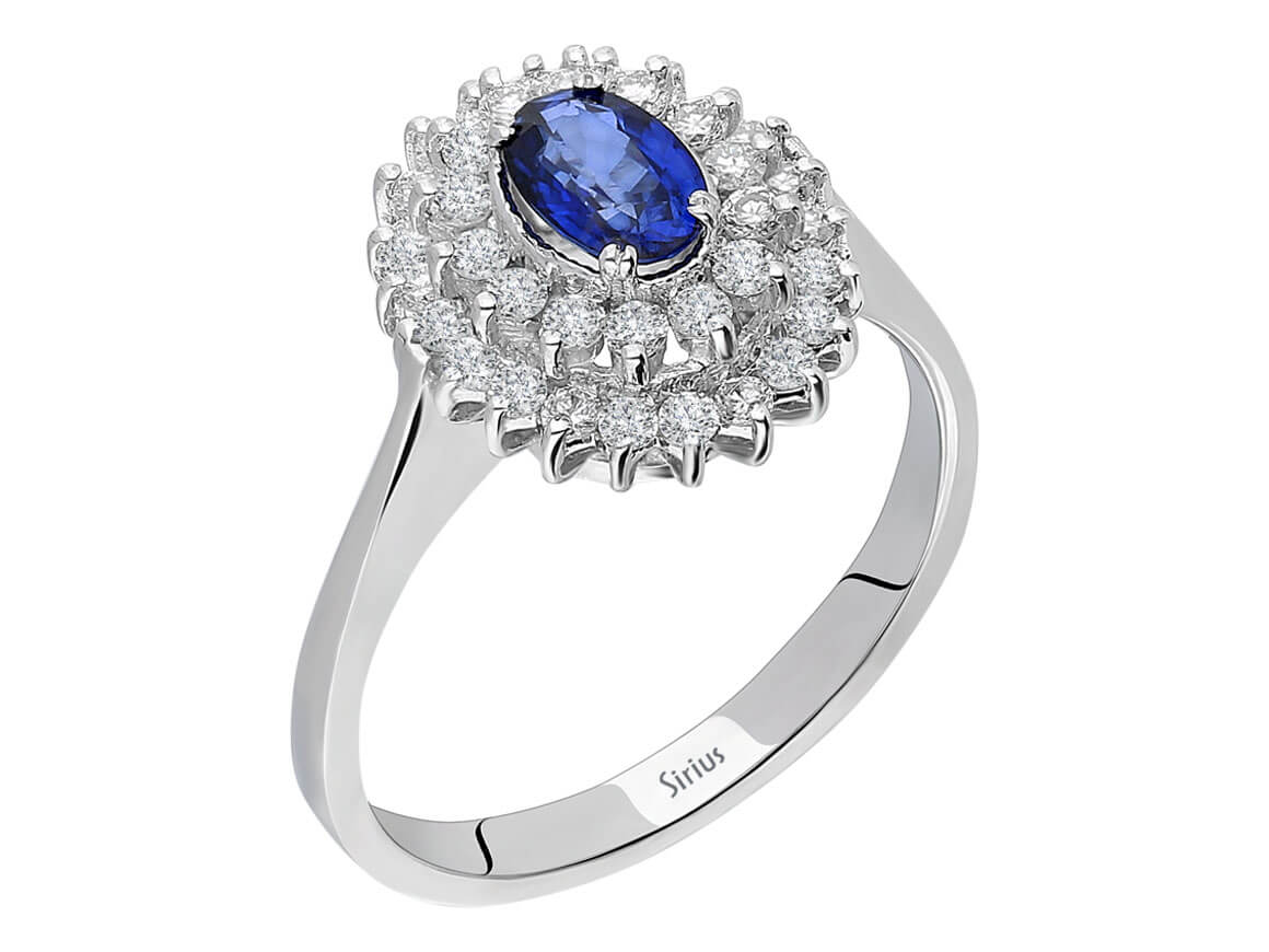 Double Row Diamond and Oval Sapphire Ring