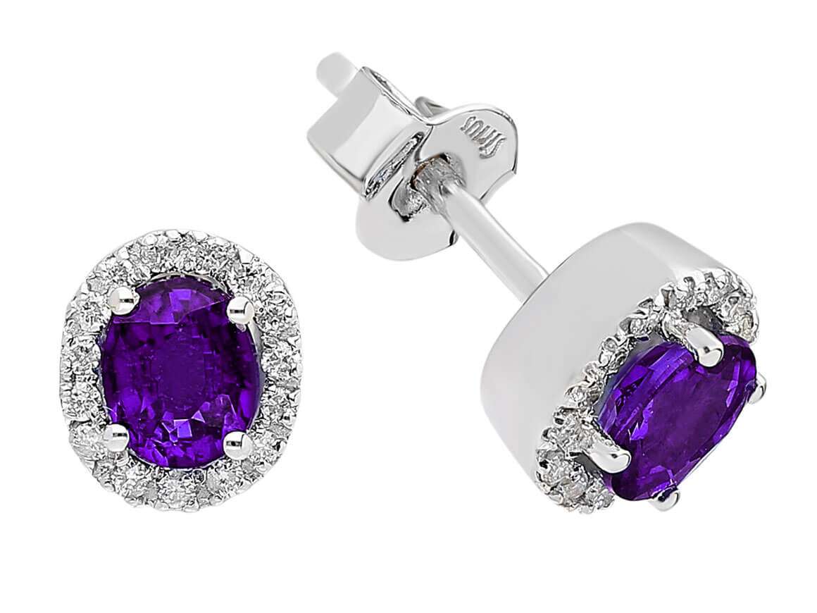 Boucles d'oreilles puces diamant et améthyste ovale