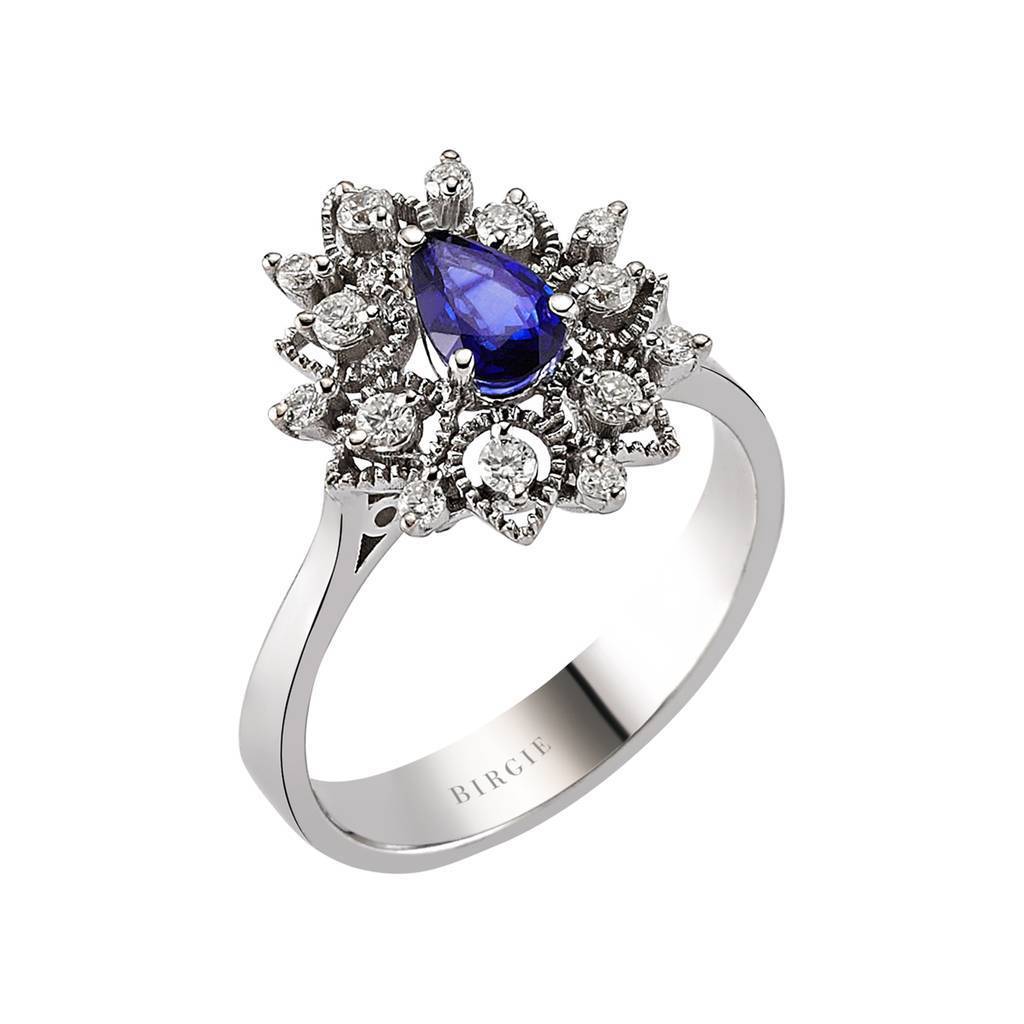 Diamond and teardrop sapphire ring