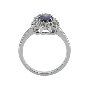Bague à double grappe de diamants et saphir bleu taille ovale