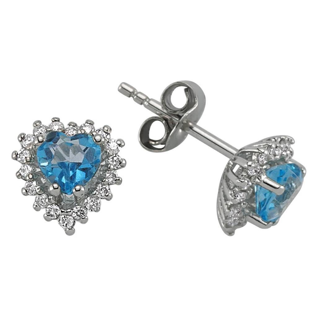 Boucles d'oreilles puces diamant et coeur topaze bleue