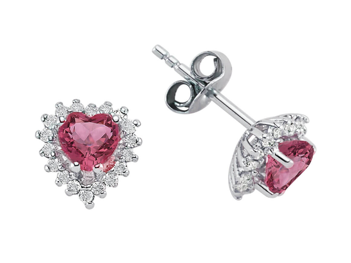 Diamond and Heart Pink Tourmaline Stud Earrings