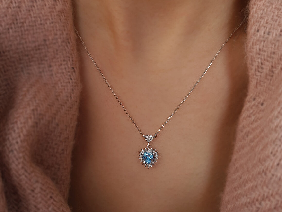 Diamond and Heart Blue Topaz Necklace