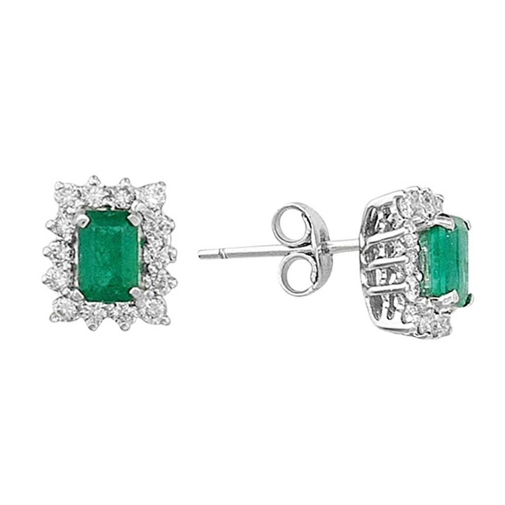 Boucles d'oreilles puces diamants et émeraudes octogonales