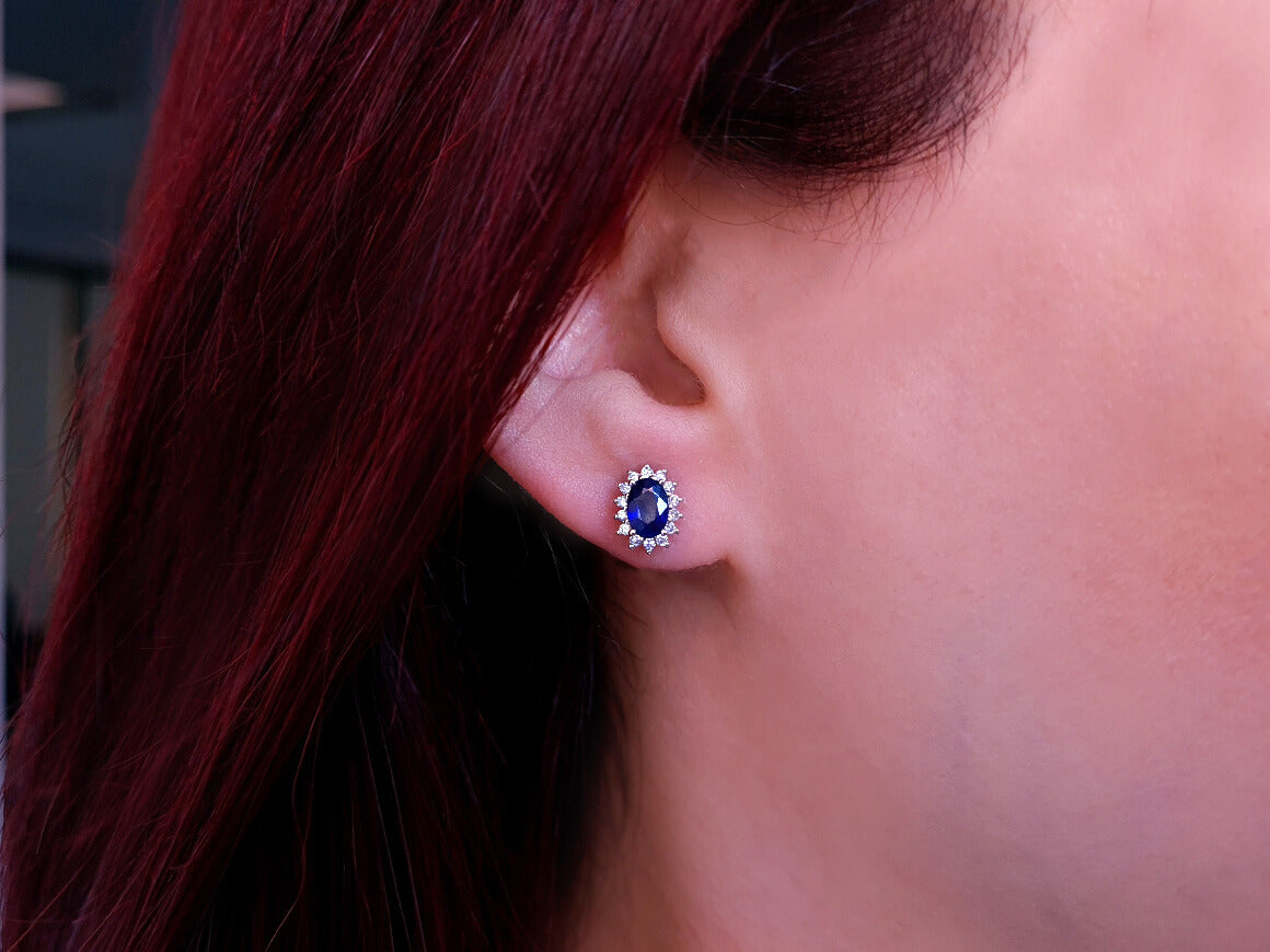 Diamond and Oval Sapphire Stud Earrings