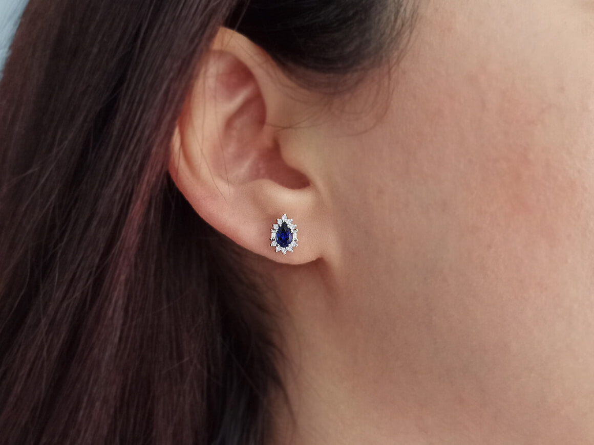 Diamond and teardrop sapphire stud earrings