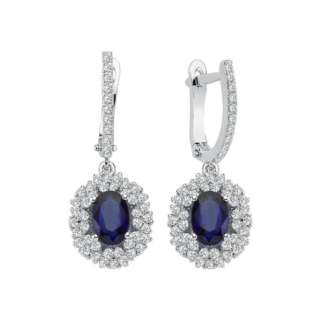 Double Row Diamond and Oval Sapphire Earrings