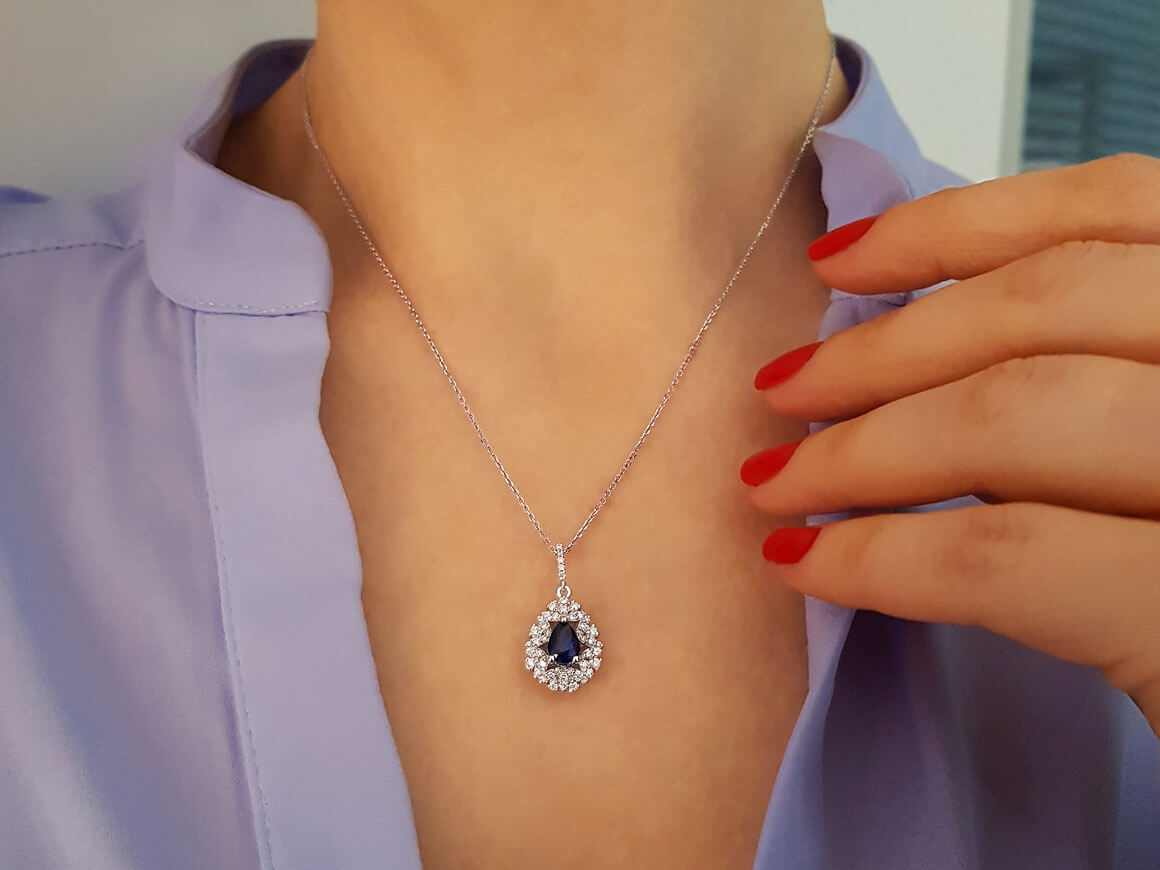 Diamond and drop sapphire necklace