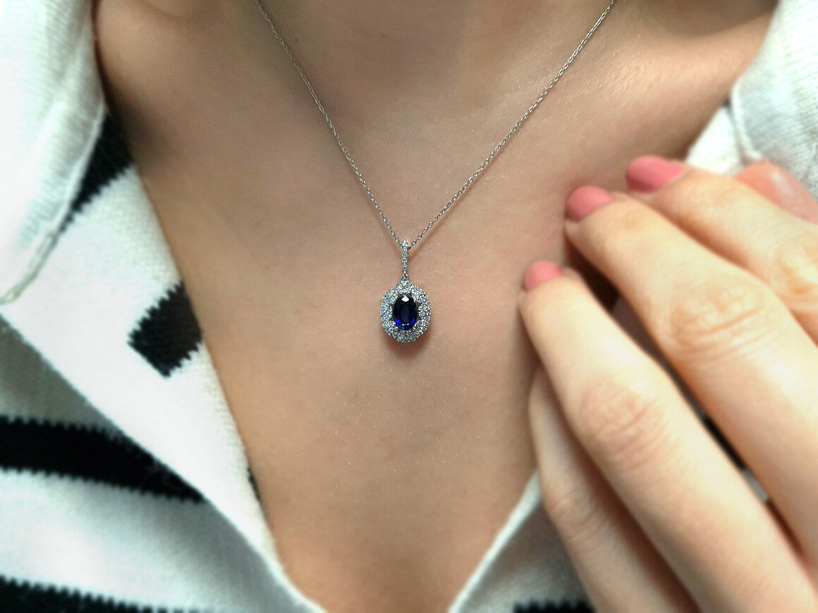 Double Row Diamond and Oval Sapphire Necklace