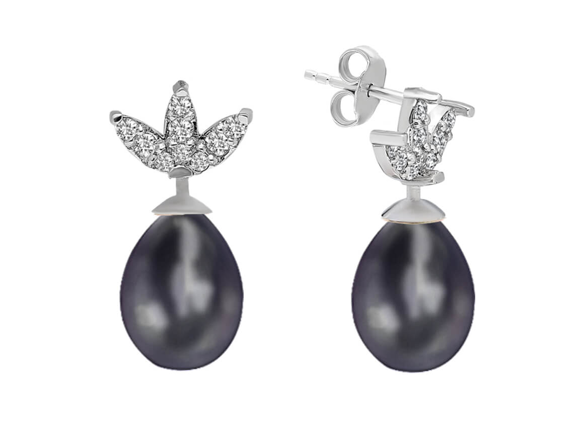 Boucles d'oreilles pendantes en diamant et en forme de larme avec perles noires