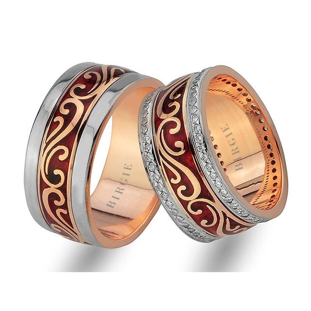 Alliance en or rose à motif floral avec diamants double ligne