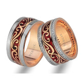 Alliance en or rose à motif floral avec diamants double ligne
