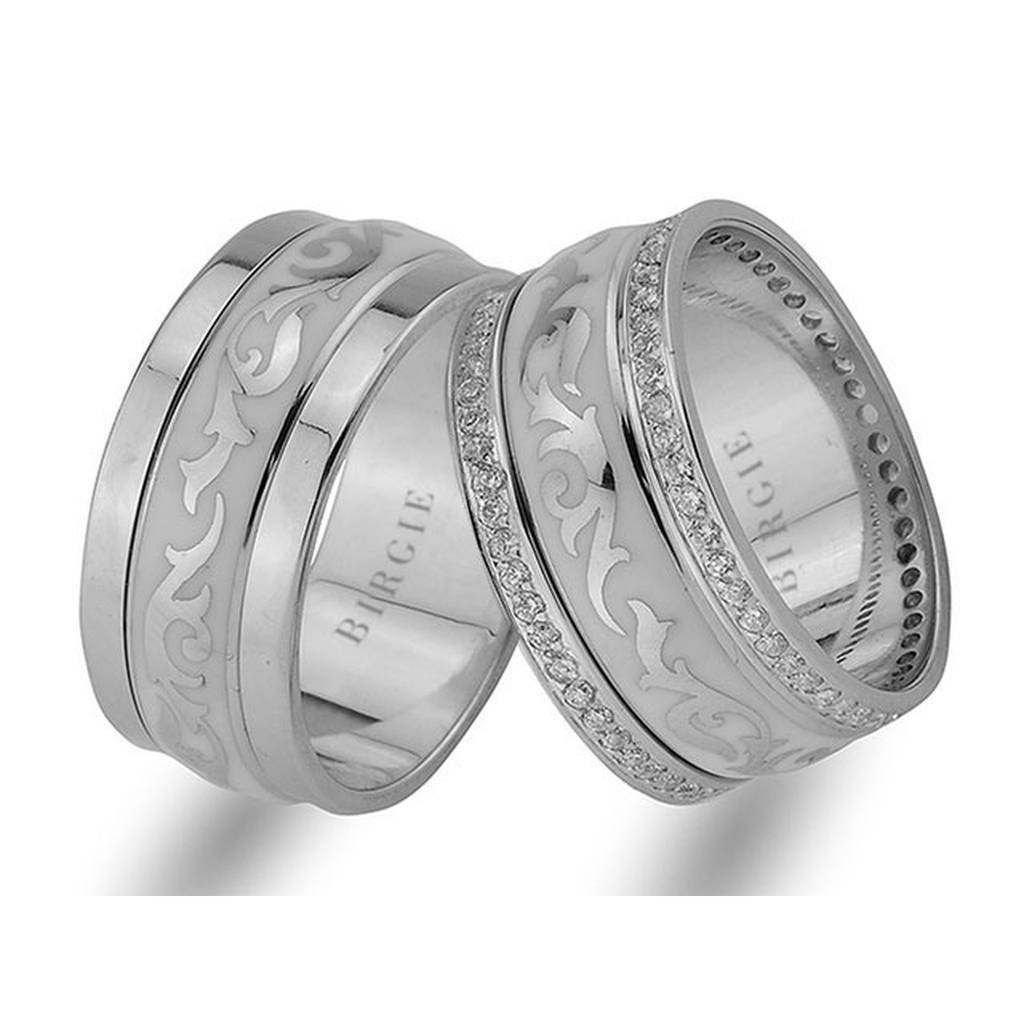 Alliance en or blanc à motif floral avec diamants double ligne
