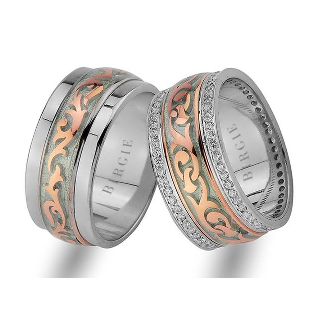 Alliance en or rose et blanc à motif floral avec diamants Twin Line